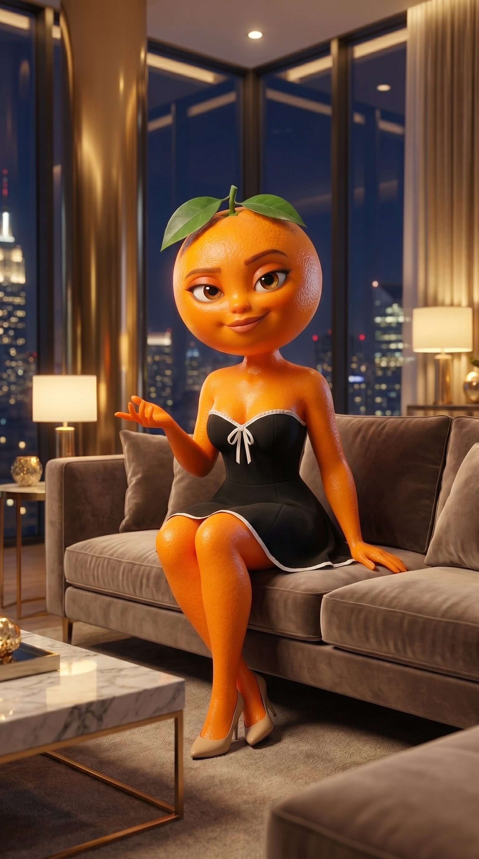 Personaje animado naranja estilo Pixar 3D en una escena cinematográfica de noche, creado con IA
