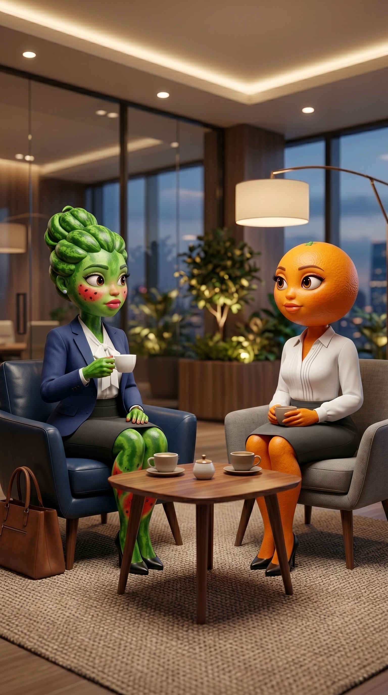 Dos personajes femeninos de fruta animados conversando en una oficina moderna, estilo Pixar 3D