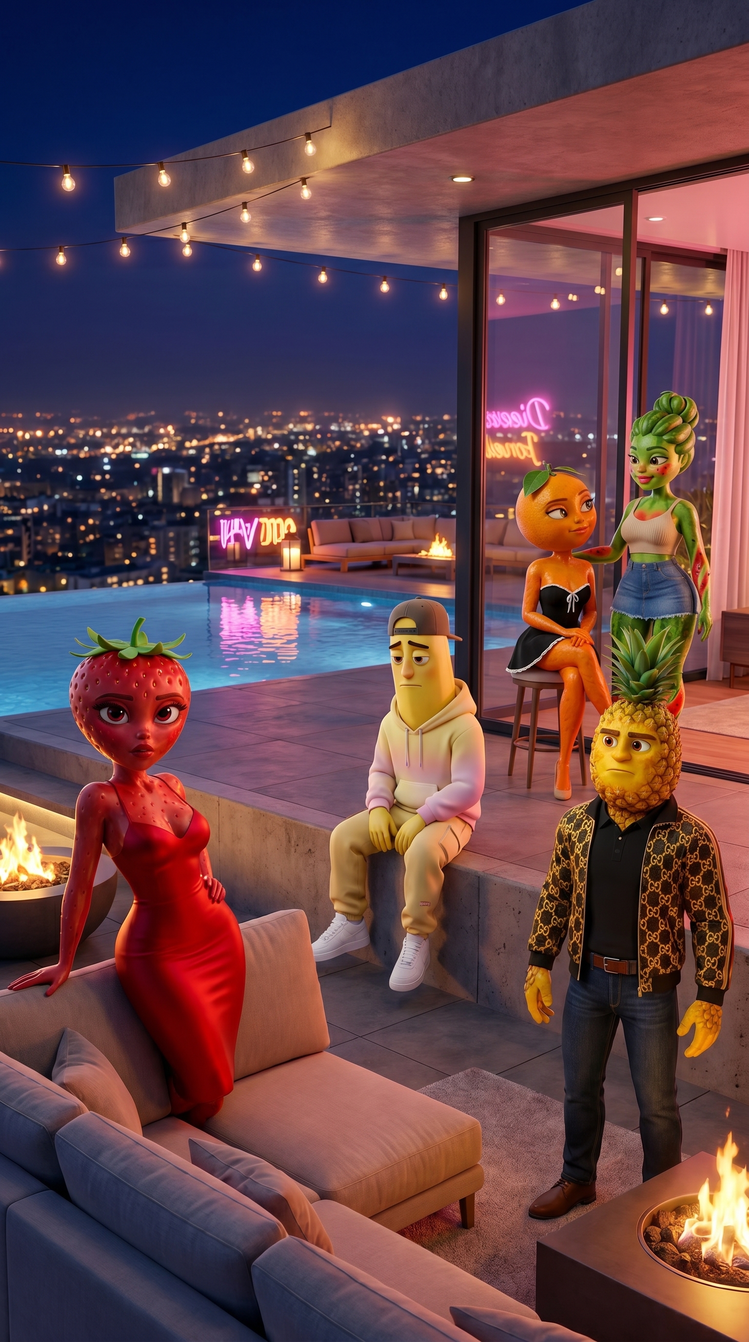 Grupo de personajes de fruta animados con IA en una fiesta en azotea, calidad cinematográfica Pixar 3D