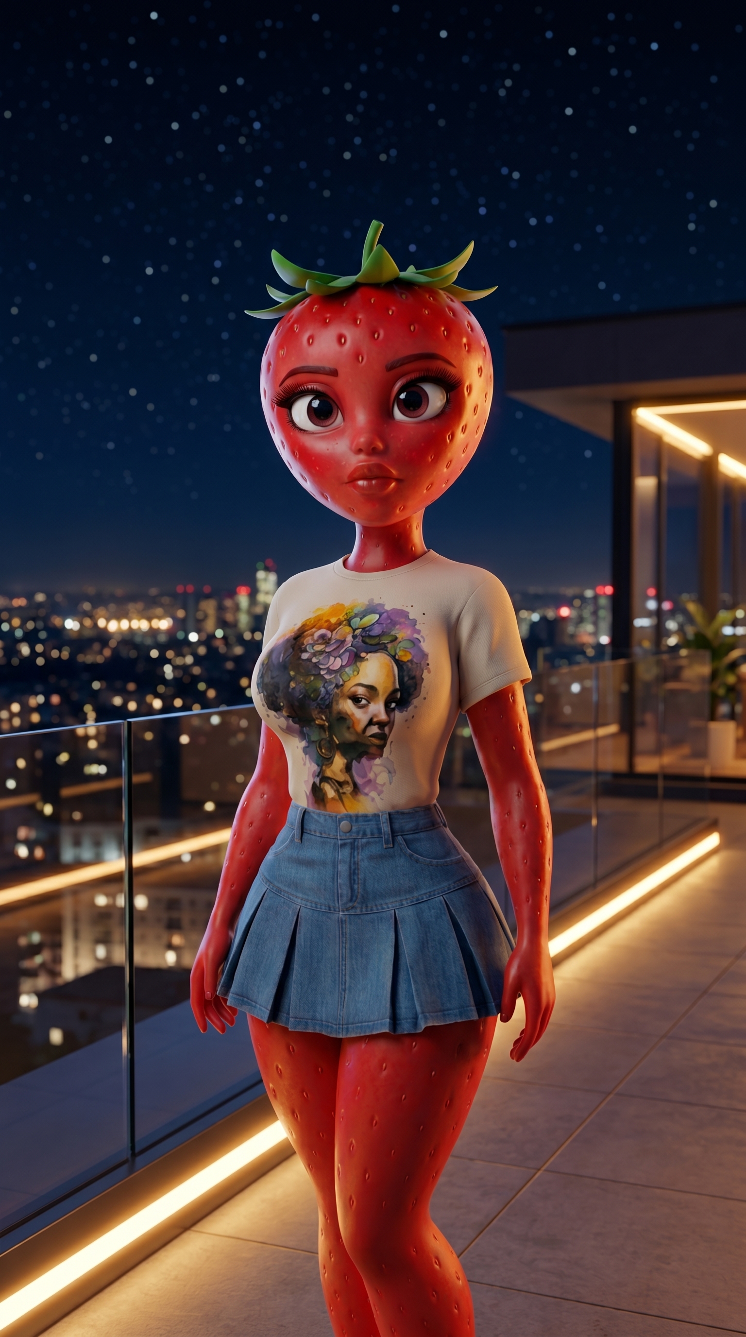 Personaje fresa animado con IA en una terraza de noche con la ciudad de fondo