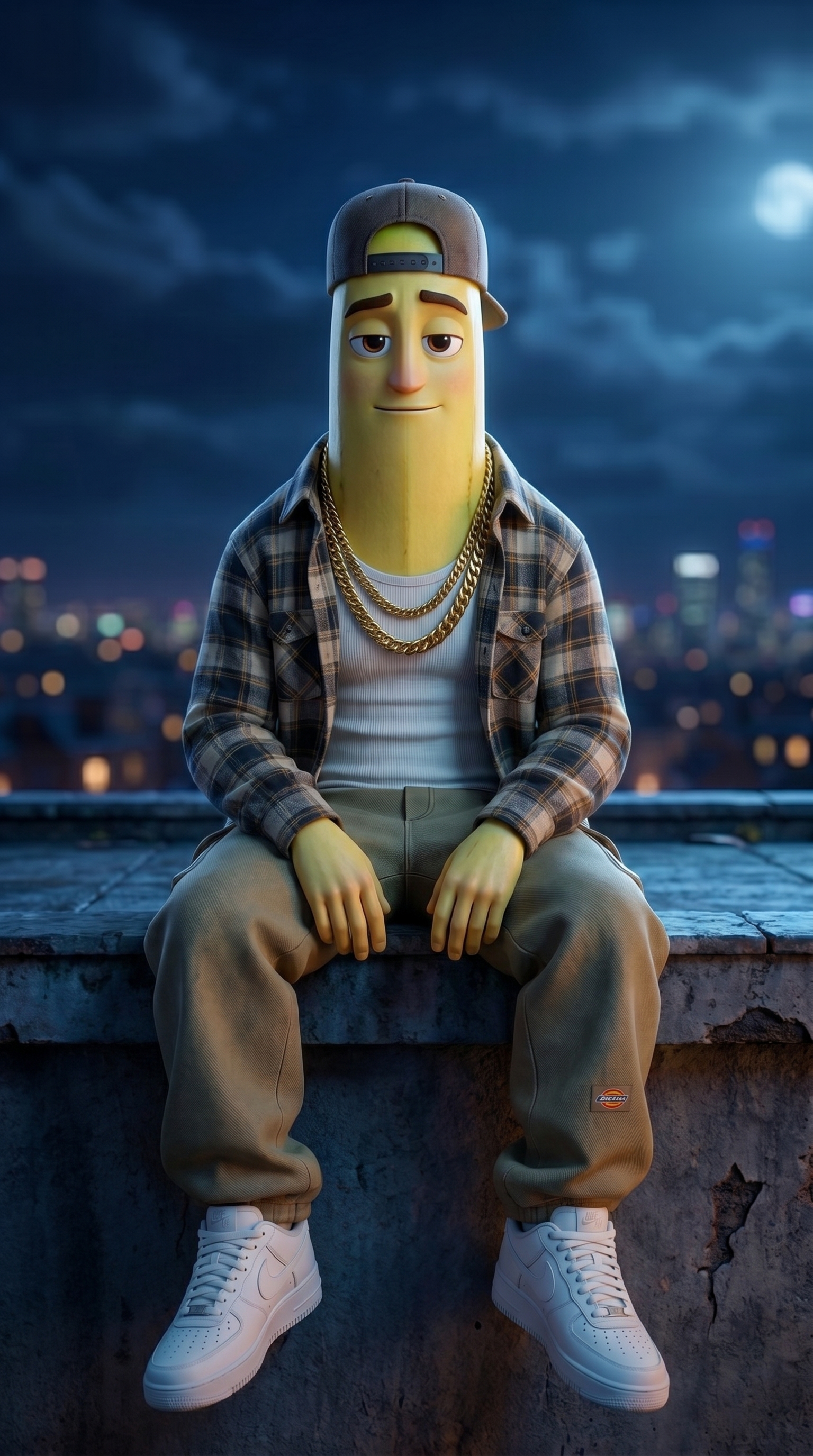 Personaje animado banano con estilo urbano creado con inteligencia artificial