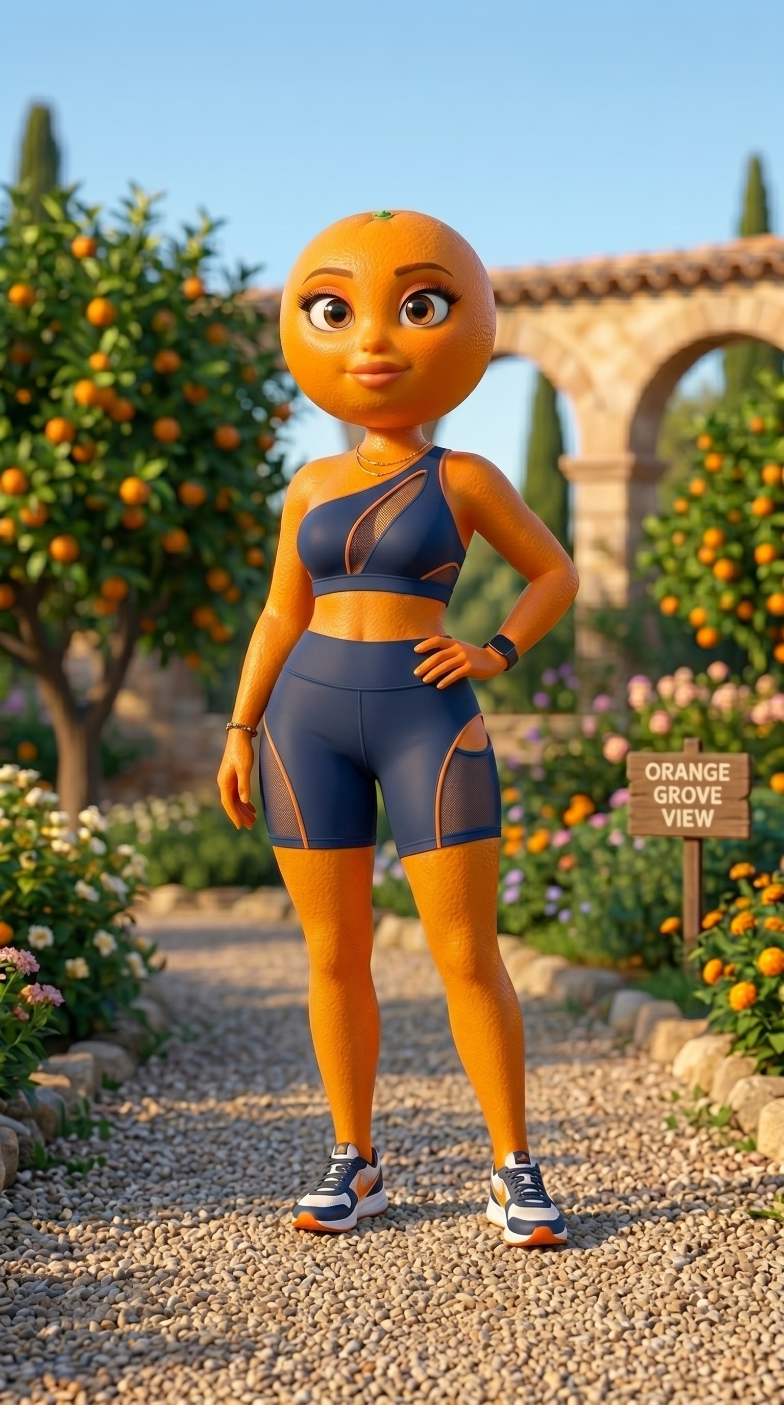 Personaje naranja animado con outfit deportivo, mismo personaje en escena distinta manteniendo consistencia